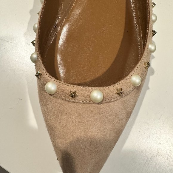 Aquazzura Suede Nude Flats with Ankle Strap, Gold Stars and Pearls - Picture 2 of 4